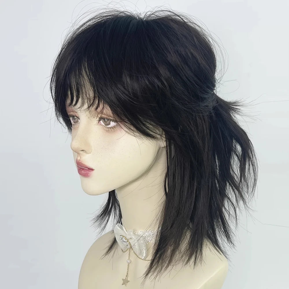 Short Mullet Head Wigs with Bangs Synthetic Straight Anime Men Black Gray Green Hair Wig for Daily Party Cosplay
