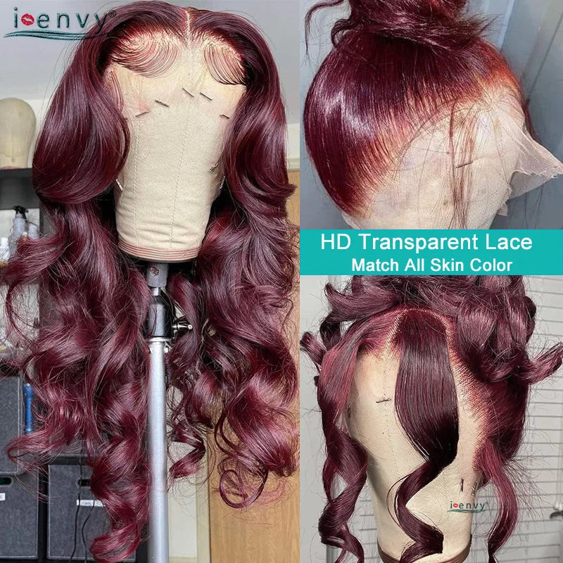 Burgundy Human Hair Wigs Pre Plucked Body Wave 13X4 Hd Lace Frontal Wig For Women Cherry Red Colored Curly Wig On Sale 30 34Inch