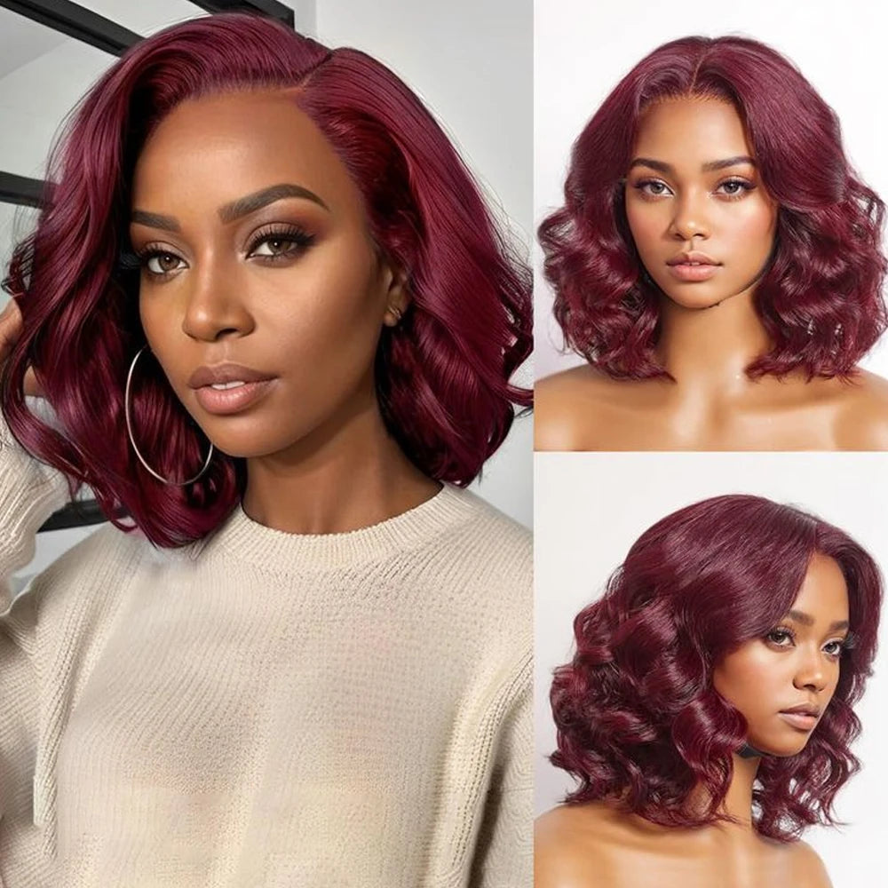 Deep burgundy short wavy lace frontal wig, natural hairline