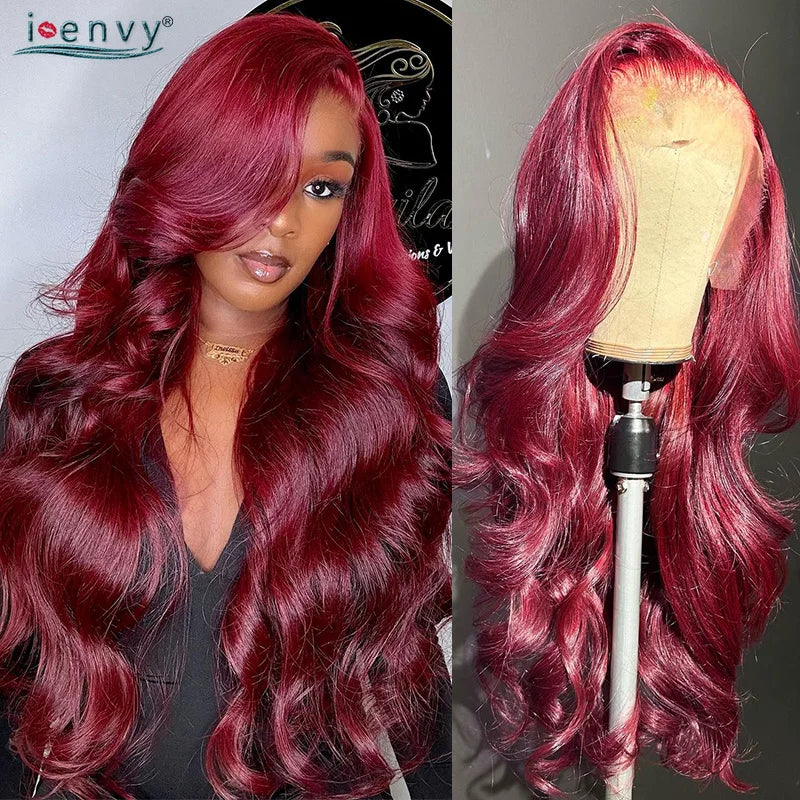 Burgundy Human Hair Wigs Pre Plucked Body Wave 13X4 Hd Lace Frontal Wig For Women Cherry Red Colored Curly Wig On Sale 30 34Inch