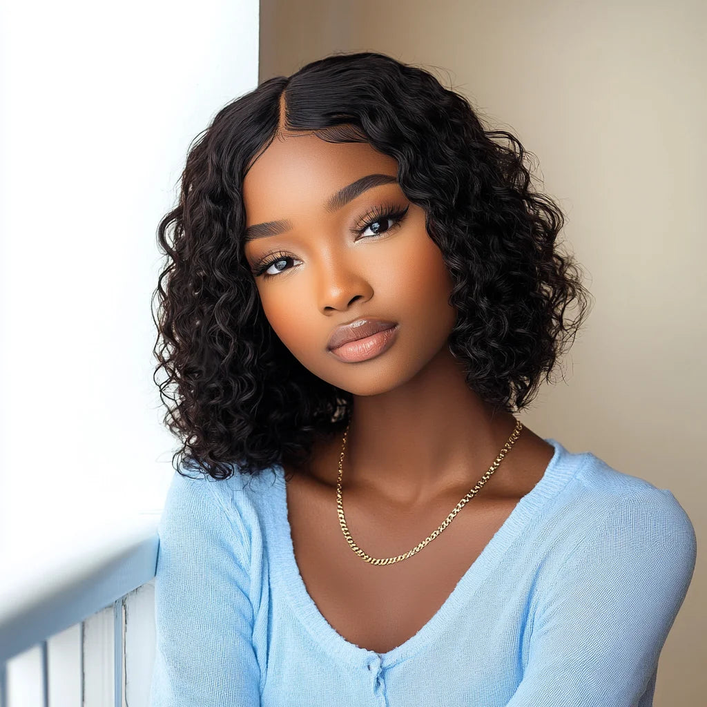 Sleek Curly Human Hair Wigs For Women 12 Inch Short Curly Bob Human Hair Wigs 13X6X1 Lace Front Wigs Natural Curly Bob Lace Wigs