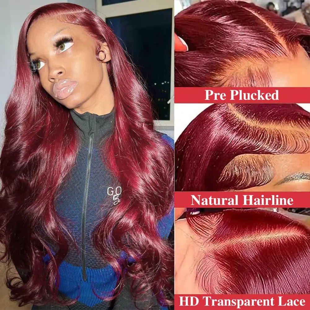 99j Burgundy 13x6 Hd Lace Frontal Human Hair Wigs Transparent Colored Body Wave Red Lace Front Wig 4x4 5x5 Closure Wig For Women