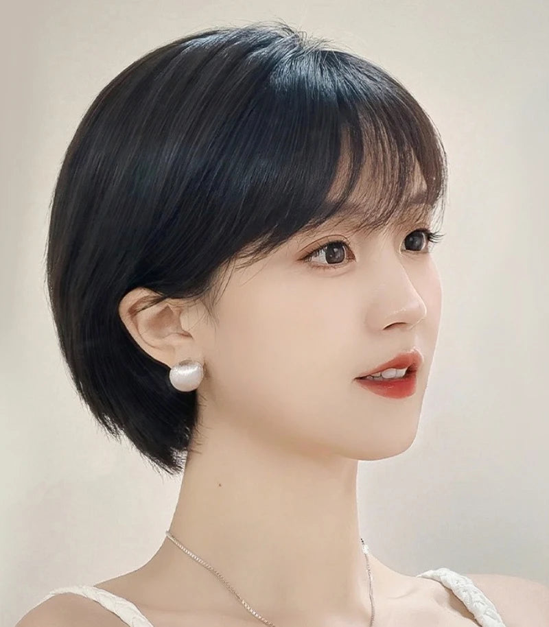 100% Human Hair Short Wig with Bangs Fashionable Women Natural Looking Black Hairpiece Breathable Cap Wig for Daily Wear Cosplay