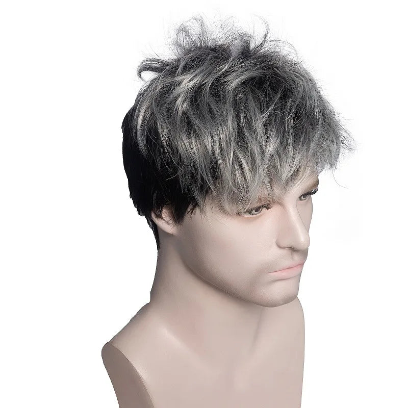 Men's Synthetic Wig Gray Mixed Black Short Hair Man Cosplay Hairstyle Toupee Good Gifts for Male Replacement Wigs