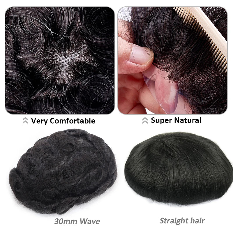 Water Curly Human Hair Wig for Men Thin Skin Male Toupee Human Hair Full PU 0.14cm Man's Wigs Capillary With Knots Natural Color