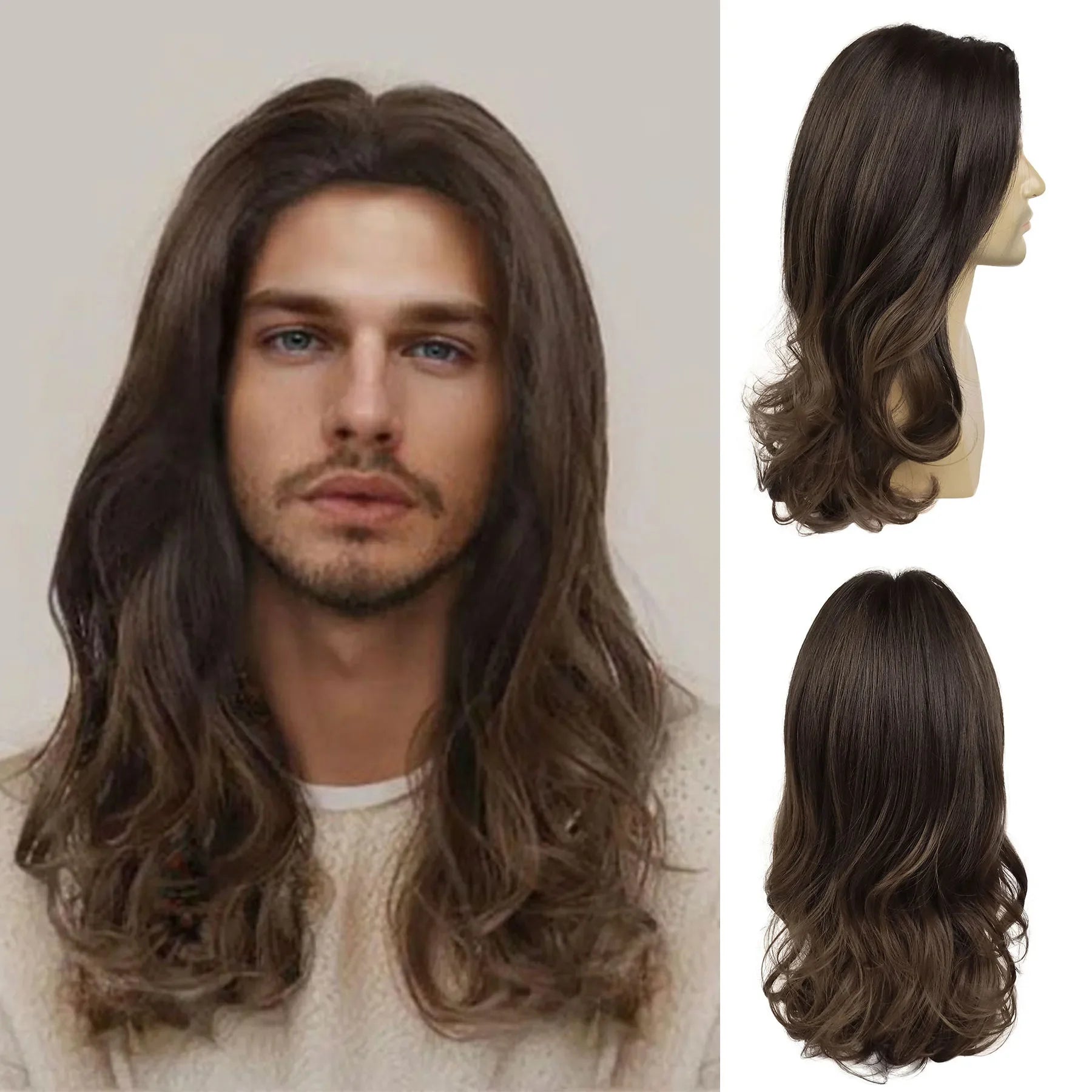 GNIMEGIL Synthetic Middle Part Natural Black Wigs for Men Long Curly Hair Wig with Cap Male Daily Party Costume Cosplay Wear