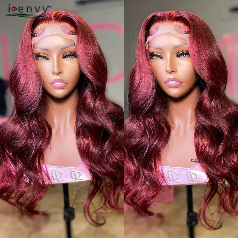 Burgundy Human Hair Wigs Pre Plucked Body Wave 13X4 Hd Lace Frontal Wig For Women Cherry Red Colored Curly Wig On Sale 30 34Inch