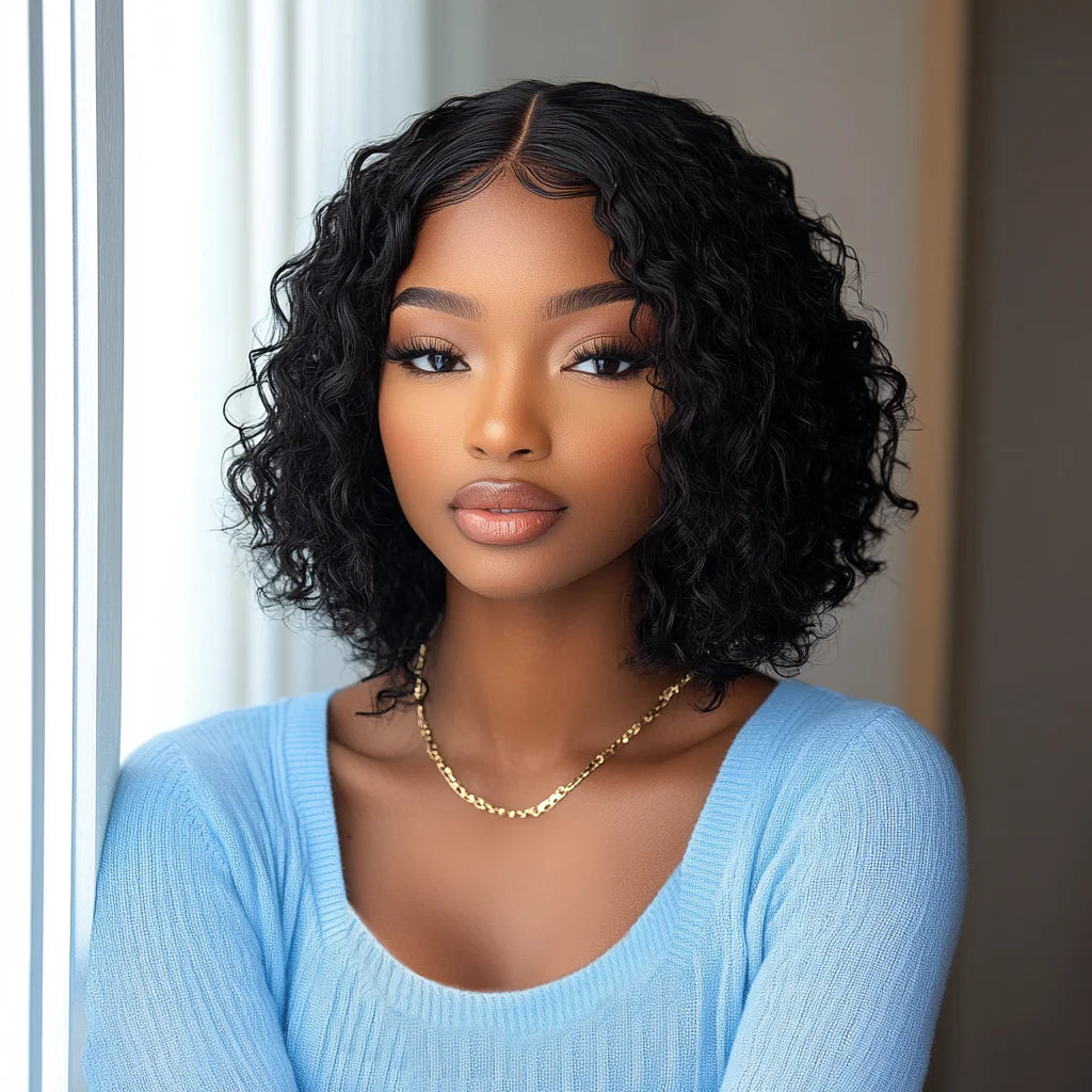 Sleek Curly Human Hair Wigs For Women 12 Inch Short Curly Bob Human Hair Wigs 13X6X1 Lace Front Wigs Natural Curly Bob Lace Wigs