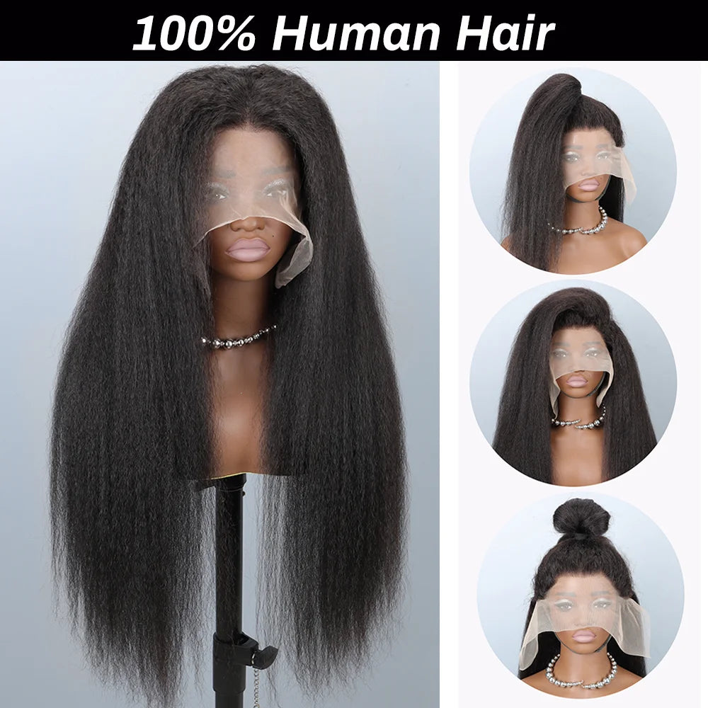 Kinky Straight Human hair Wig 13X6 Transparent Lace Front Wigs Yaki Straight 180% Density Natural Black