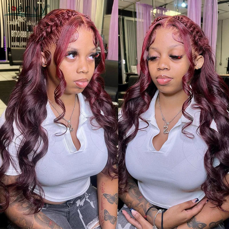 Burgundy Human Hair Wigs Pre Plucked Body Wave 13X4 Hd Lace Frontal Wig For Women Cherry Red Colored Curly Wig On Sale 30 34Inch