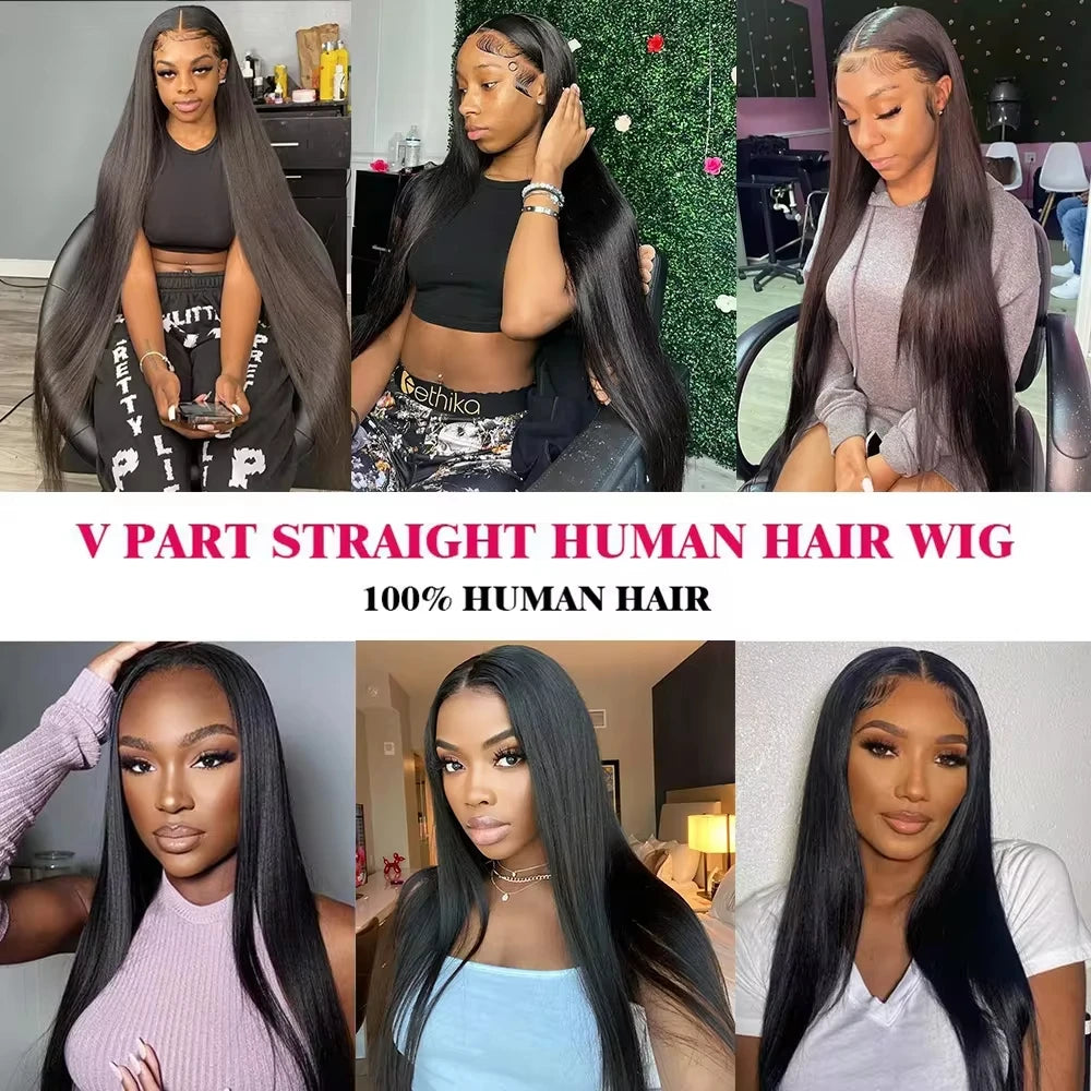 V Part Wigs Human Hair 100% Straight Human Hair Wigs No Leave Out Machine Made 250 Density Natural Black Beginner Friendly