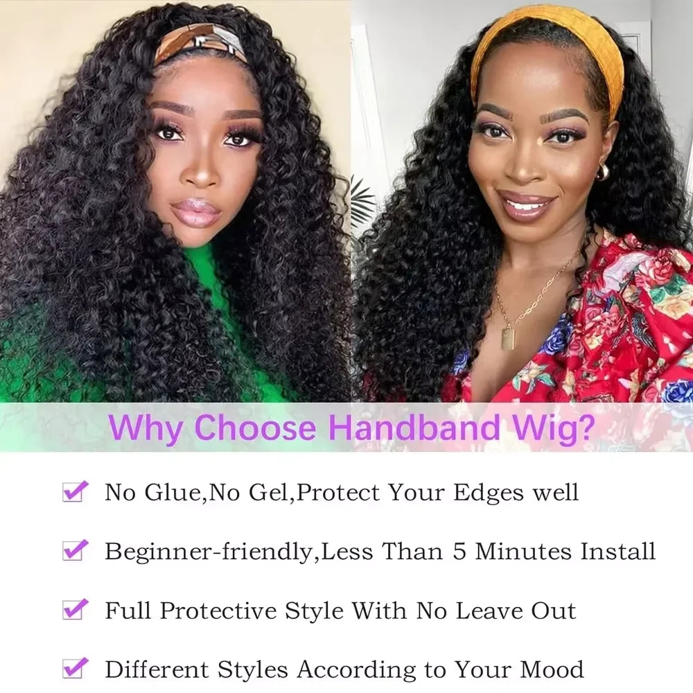 Curly Human Hair Wigs Water Wave Headband Wig No Glue No Lace 180 Density Brazilian Curly Wigs For Women Ready To Wear And Go