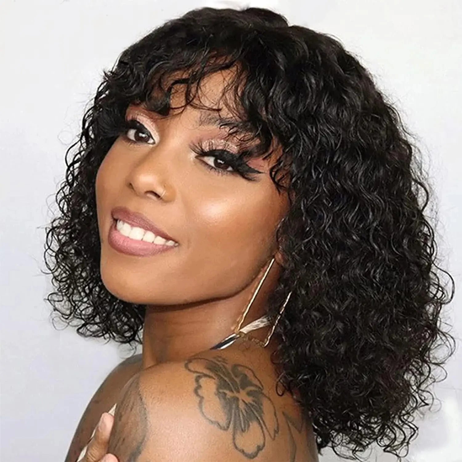 Water Wave Human Hair Wig With Bangs Indian Curly Hair Wigs Full Machine Made Human Hair Wig For Women