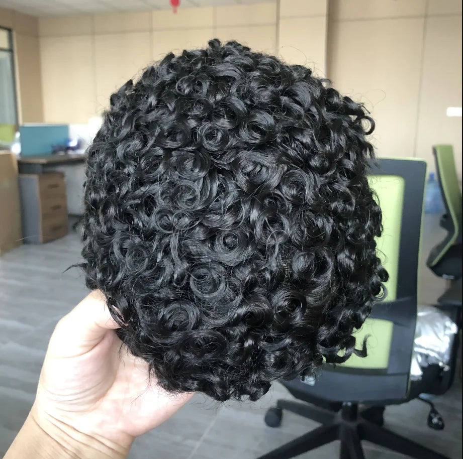 Men Wig Natural Human Hair Toupee 18mm Curly Breathable Mono Male Wig System Prosthesis Male Natural Hairline Black Blond Wig