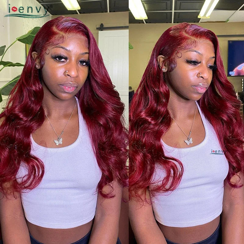 Burgundy Human Hair Wigs Pre Plucked Body Wave 13X4 Hd Lace Frontal Wig For Women Cherry Red Colored Curly Wig On Sale 30 34Inch