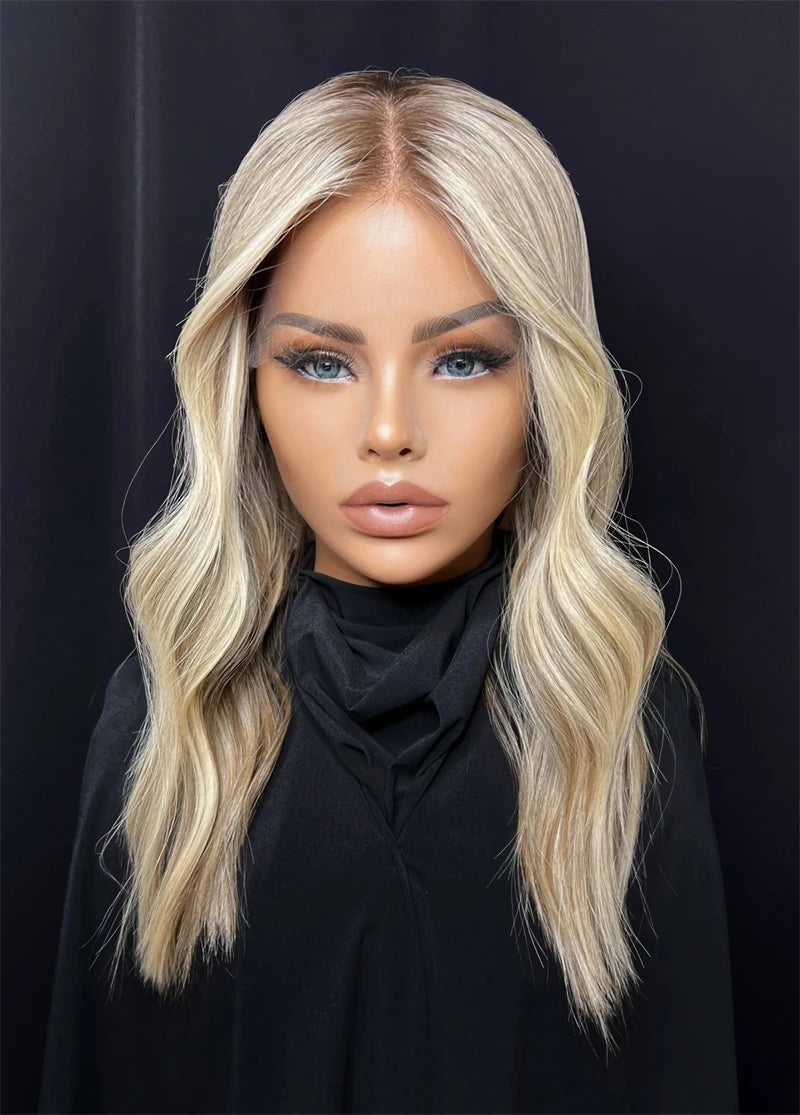 Natural Wave Lace Front Wig Golden Blonde Highlights Synthetic mixed Human Hair Wig Cheap Wigs on clearance Glueless WEar and Go