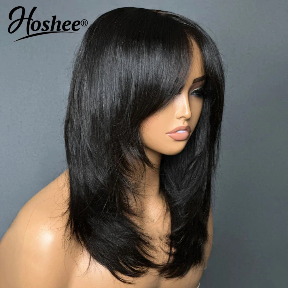 Wear And Go Wig With Layered Bang Glueless Ready To Wear Straight 360 Full lace Human Hair Wigs For Women 5x5 Lace Closure Wig