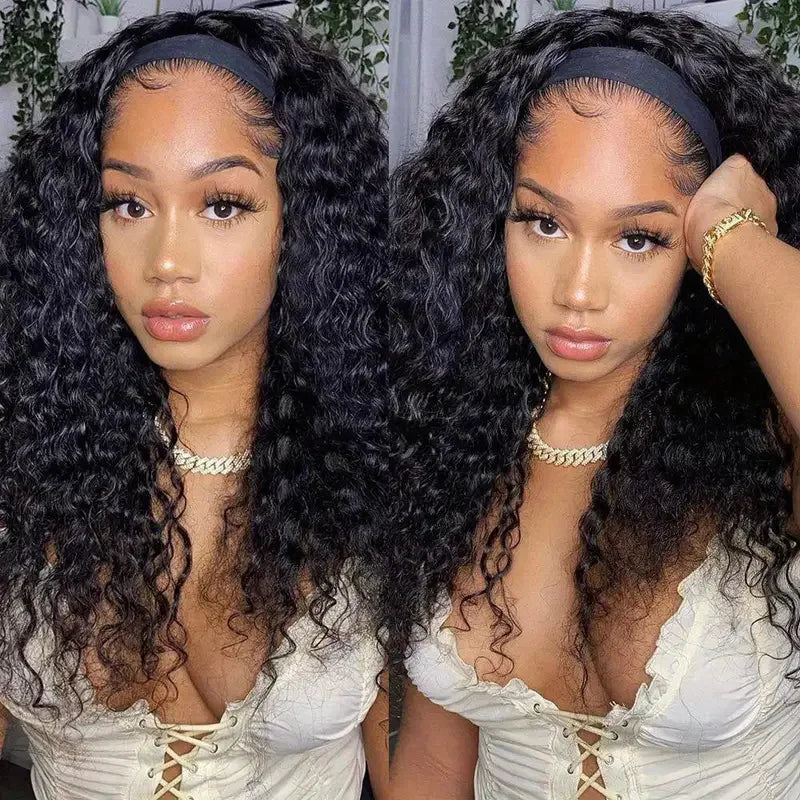 Headband Wigs-Water Wave Headband Wigs Human Hair For Women, 16-24 Inches Remy Hair Full Machine Made Black Curly Hair Band Wigs