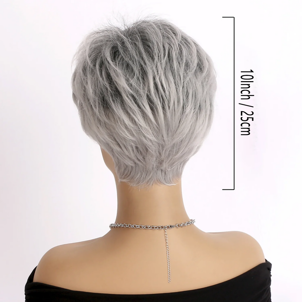 Short Grey Human Hair Wigs for Women Natural Pixie Cut Synthetic Wig Daily Hair