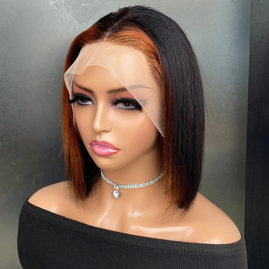 13x4 Lace Front Human Hair Wigs Straight Bob Wigs For Women Pre Plucked Brown Ombre Highlight Lace Wig Bob
