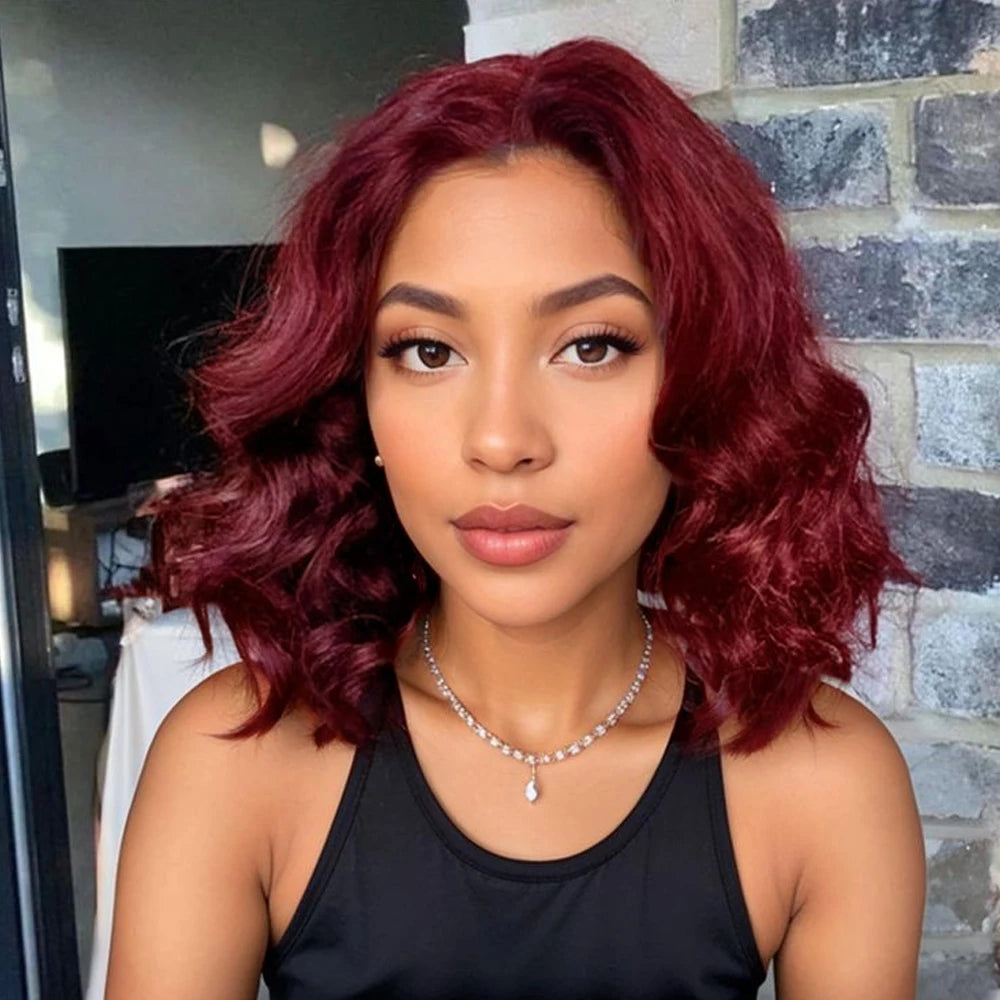 Burgundy red shoulder-length wavy human hair wig with natural part and HD lace
