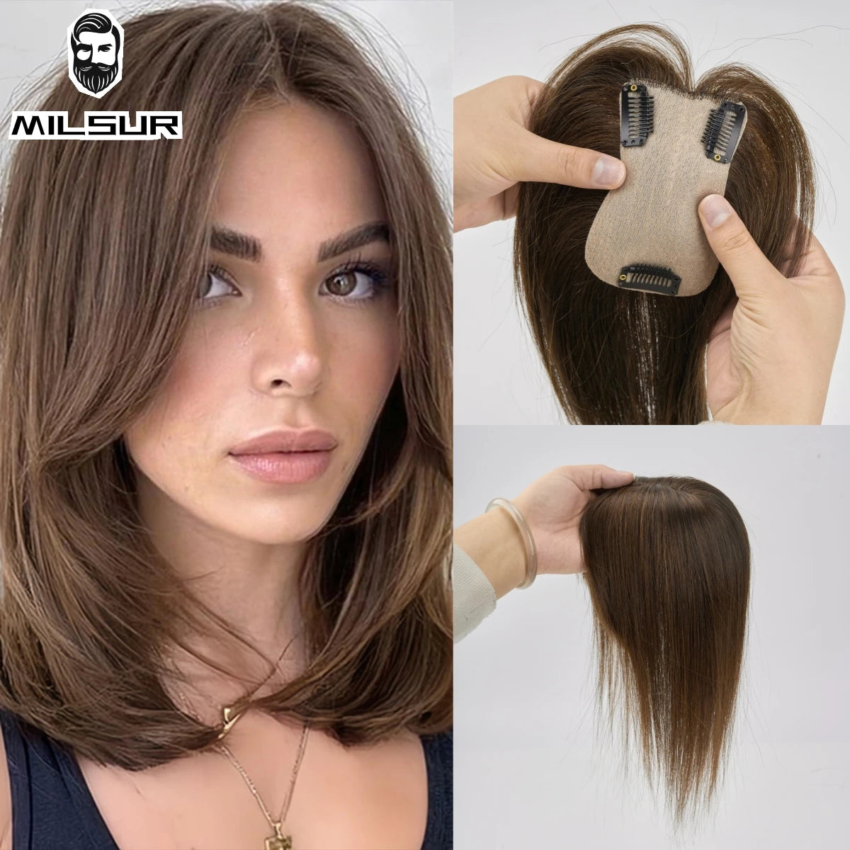 Human Hair Toppers Brown Natural Hair Wig For Women Clips In Hair Toppers 10'' Straight Hair Breathable Machine Made 7x11cm Base
