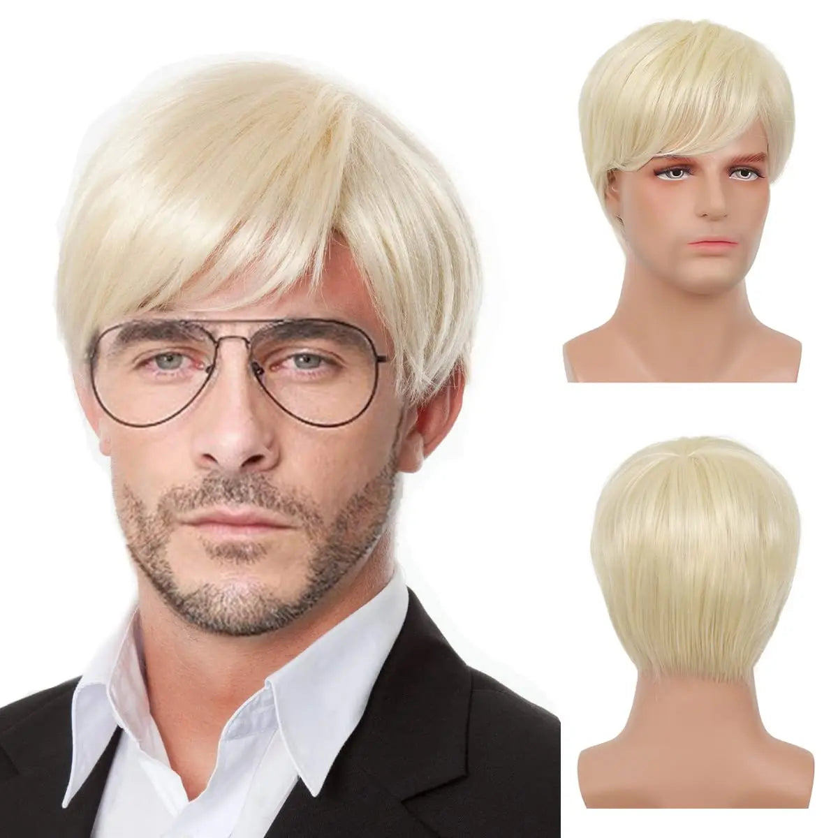 Mens Short Blonde Wig Natural Blonde Synthetic Hair Replacement Wig for Men Guys Short Blonde Cosplay Halloween Costume Party