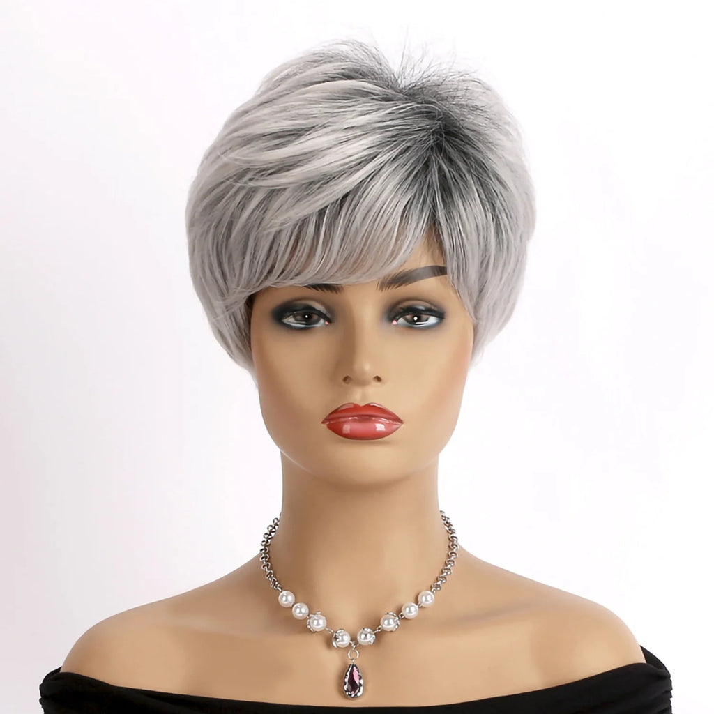 Short Grey Human Hair Wigs for Women Natural Pixie Cut Synthetic Wig Daily Hair