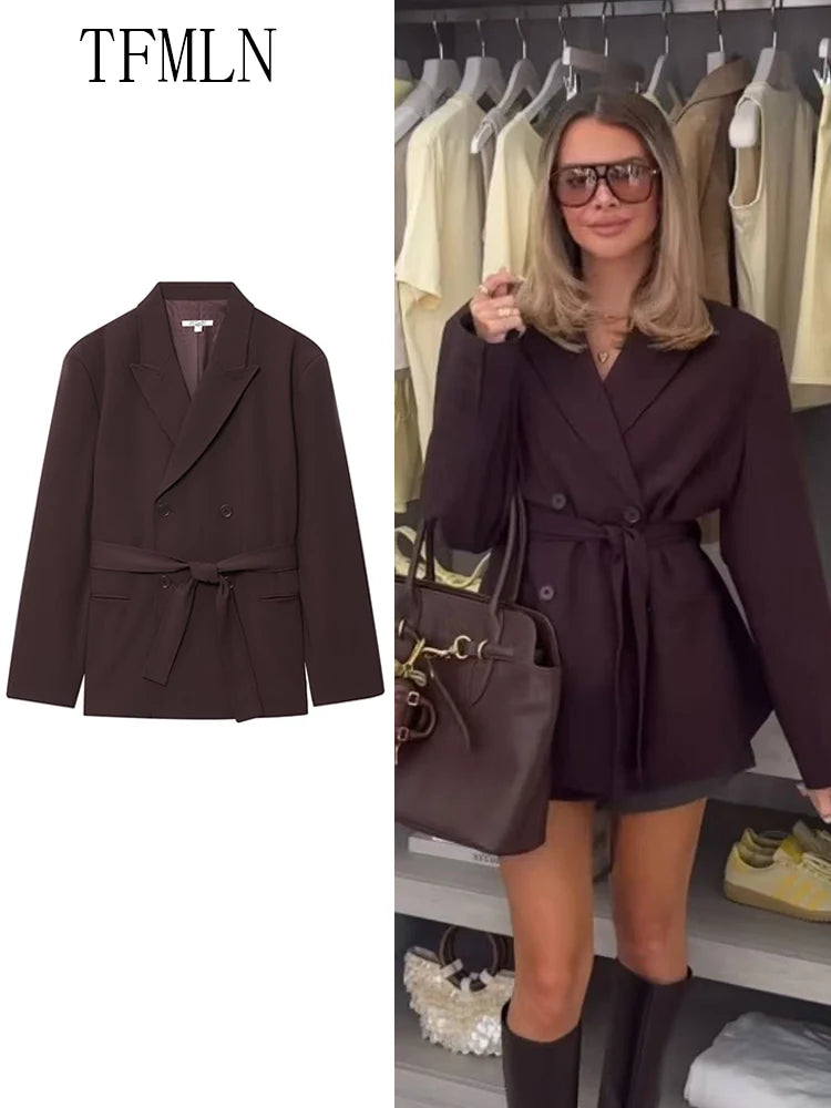 Fashion 2025 Autumn Women Blazer Coats With Belt Elegant Notched Double Breasted Causal Jackets Chic Loose Solid OL Outwear
