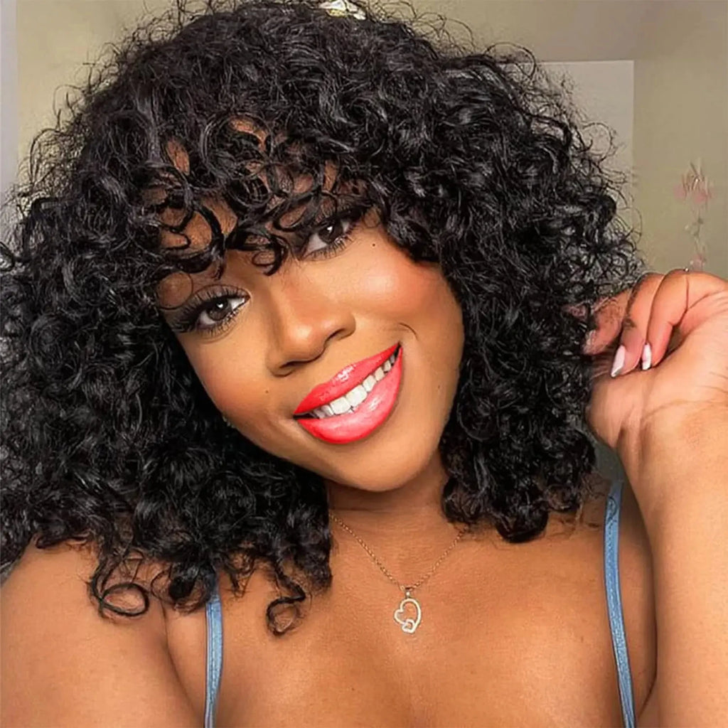 Water Wave Human Hair Wig With Bangs Indian Curly Hair Wigs Full Machine Made Human Hair Wig For Women