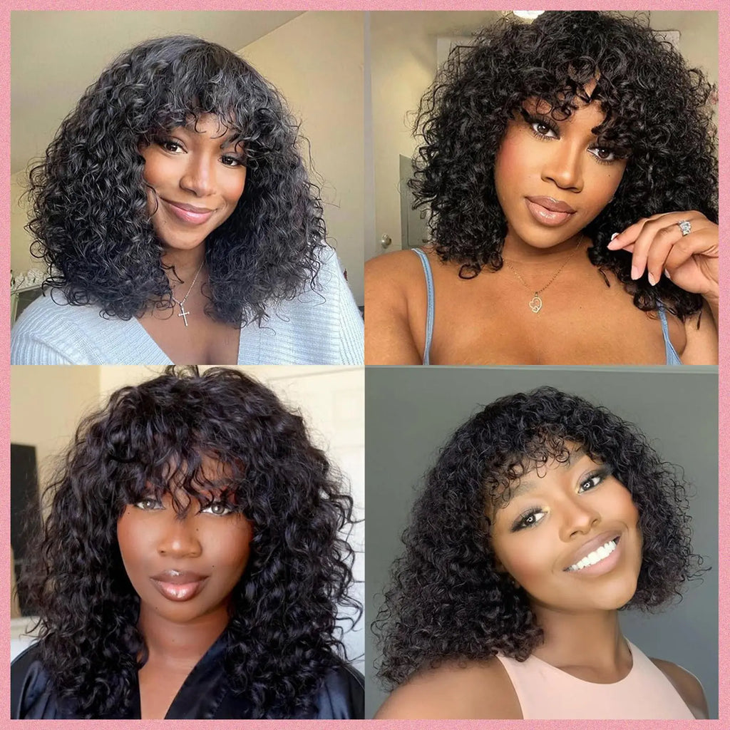 Water Wave Human Hair Wig With Bangs Indian Curly Hair Wigs Full Machine Made Human Hair Wig For Women