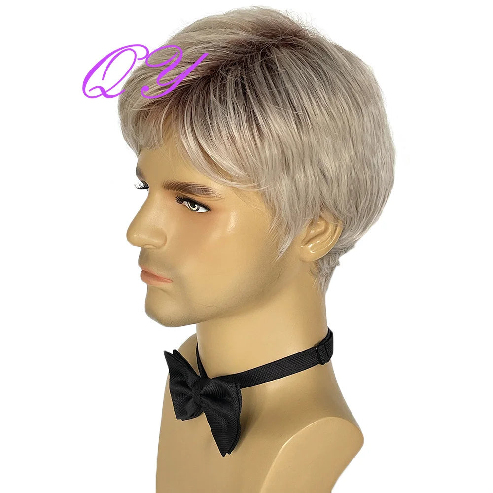 Men's synthetic wig brown (# 4) short curly hair men's wig fashion style adjustable size breathable wig men's 2023