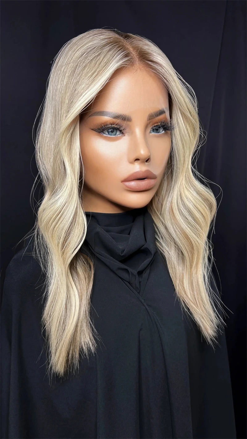 Natural Wave Lace Front Wig Golden Blonde Highlights Synthetic mixed Human Hair Wig Cheap Wigs on clearance Glueless WEar and Go