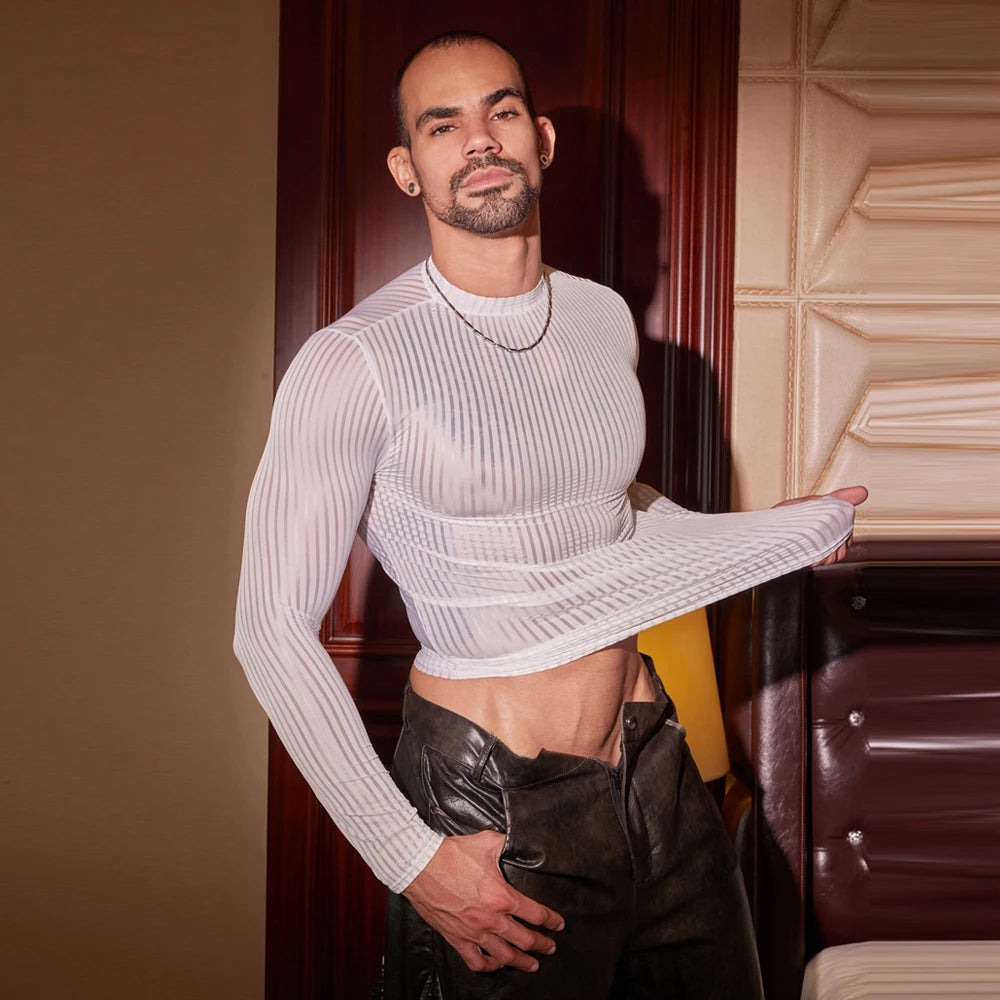 Sex Men Oil Glossy Shiny Breathable T-shrits Stripe Allure Shaper Top Bottom Wear Sheer See Through Elastic Shapewear