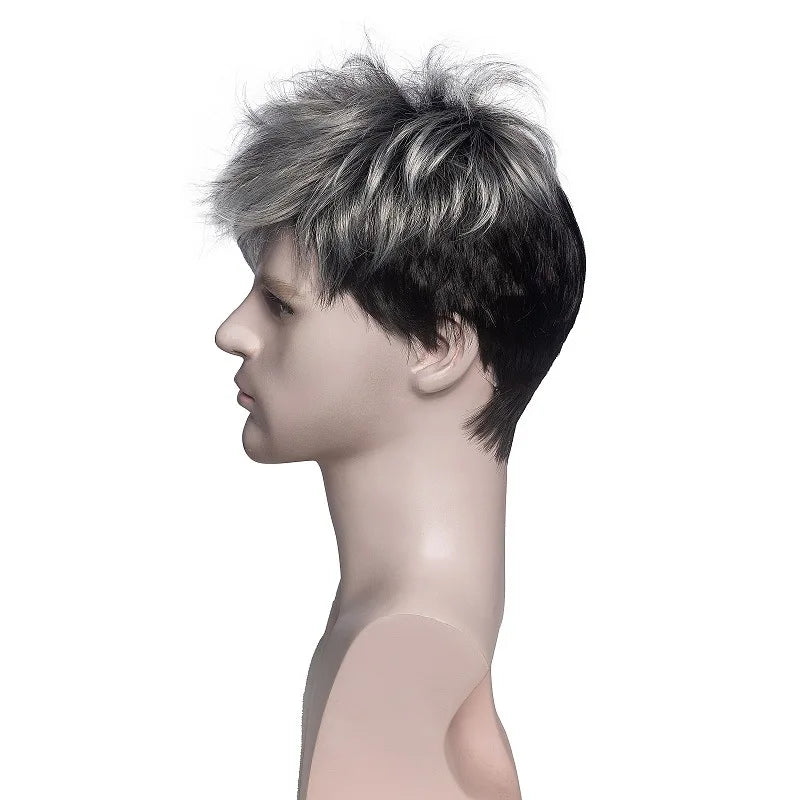 Men's Synthetic Wig Gray Mixed Black Short Hair Man Cosplay Hairstyle Toupee Good Gifts for Male Replacement Wigs