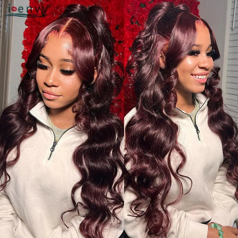 Burgundy Human Hair Wigs Pre Plucked Body Wave 13X4 Hd Lace Frontal Wig For Women Cherry Red Colored Curly Wig On Sale 30 34Inch