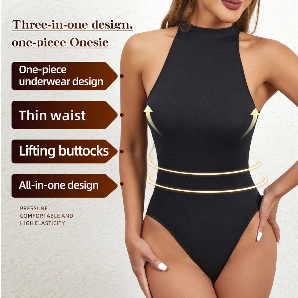 Women Round Neck Shaperwear Bodysuits Sleeveless Adjustable Buckle Tight Fitting Jumpsuit T-shaped Shapewear Corset