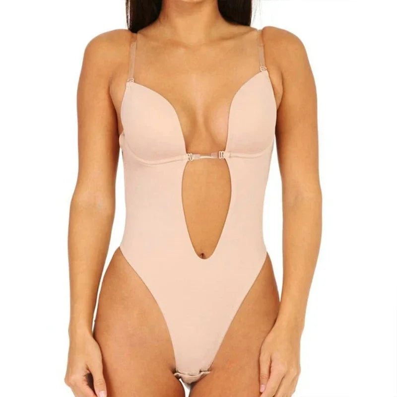 Invisible Shaper Bra Bodysuit Corset Backless Deep V-Neck U Plunge Thong Waist Trainer Clear Strap Padded Push Up Shapewear