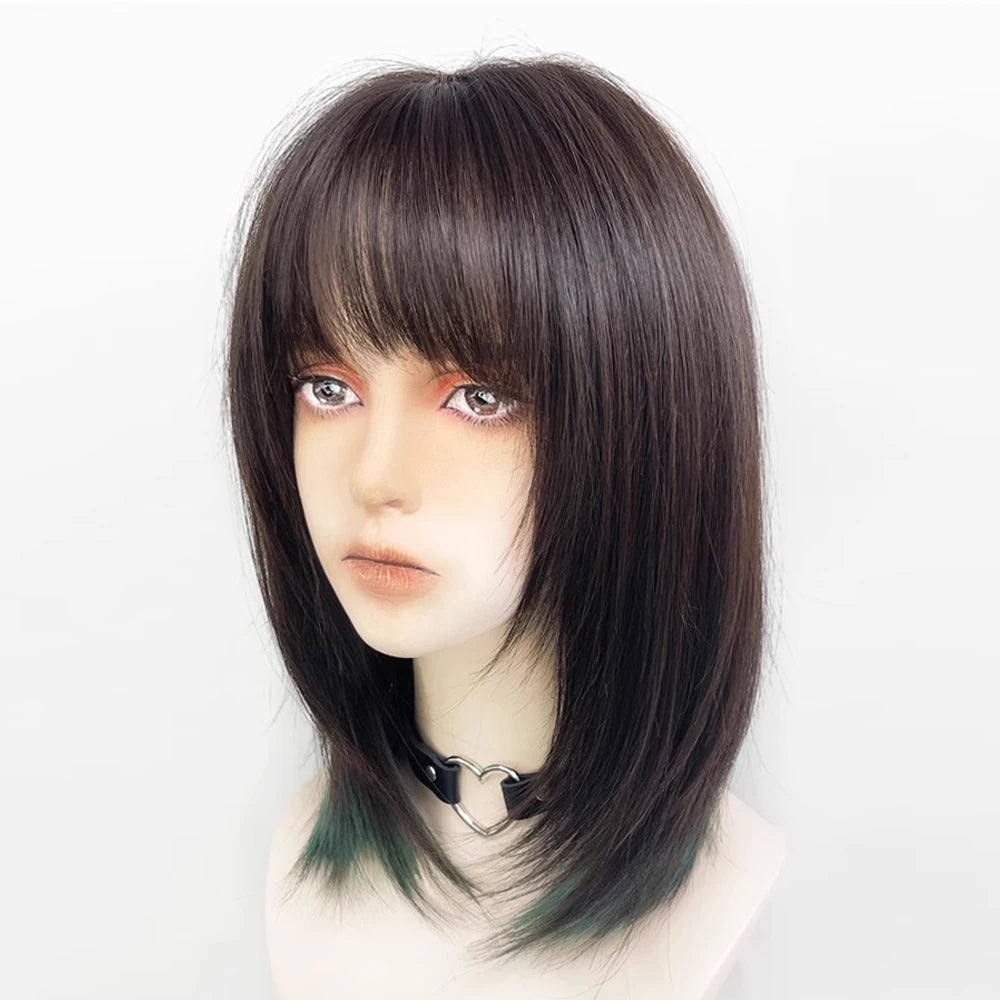 Short Mullet Head Wigs with Bangs Synthetic Straight Anime Men Black Gray Green Hair Wig for Daily Party Cosplay