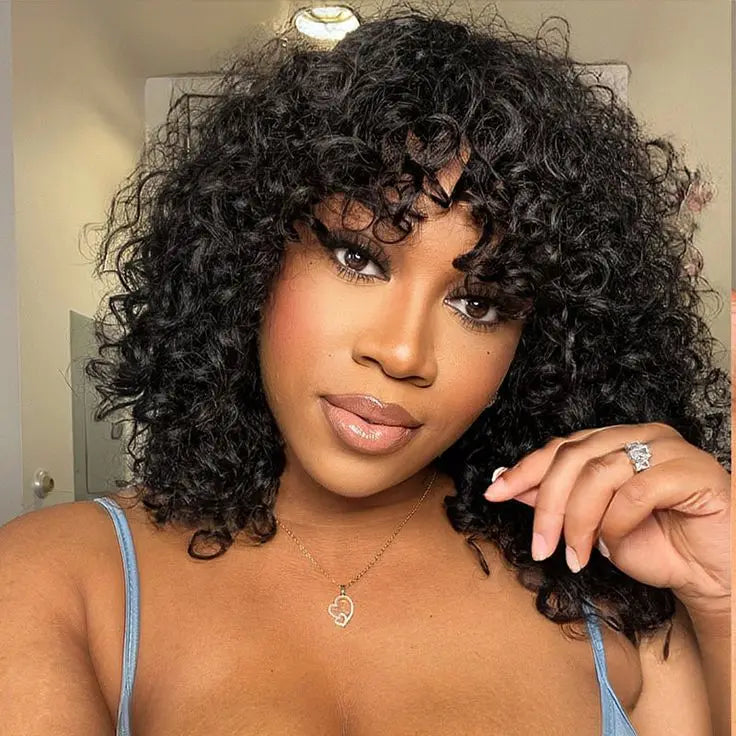 Water Wave Human Hair Wig With Bangs Indian Curly Hair Wigs Full Machine Made Human Hair Wig For Women