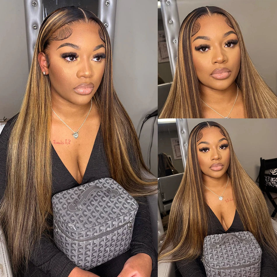 Highlight Wig 13x6 Human Hair Honey Blonde Brown Colored HD Lace Front Wigs For Women Pre Plucked Bone Straight Lace Frontal Wig