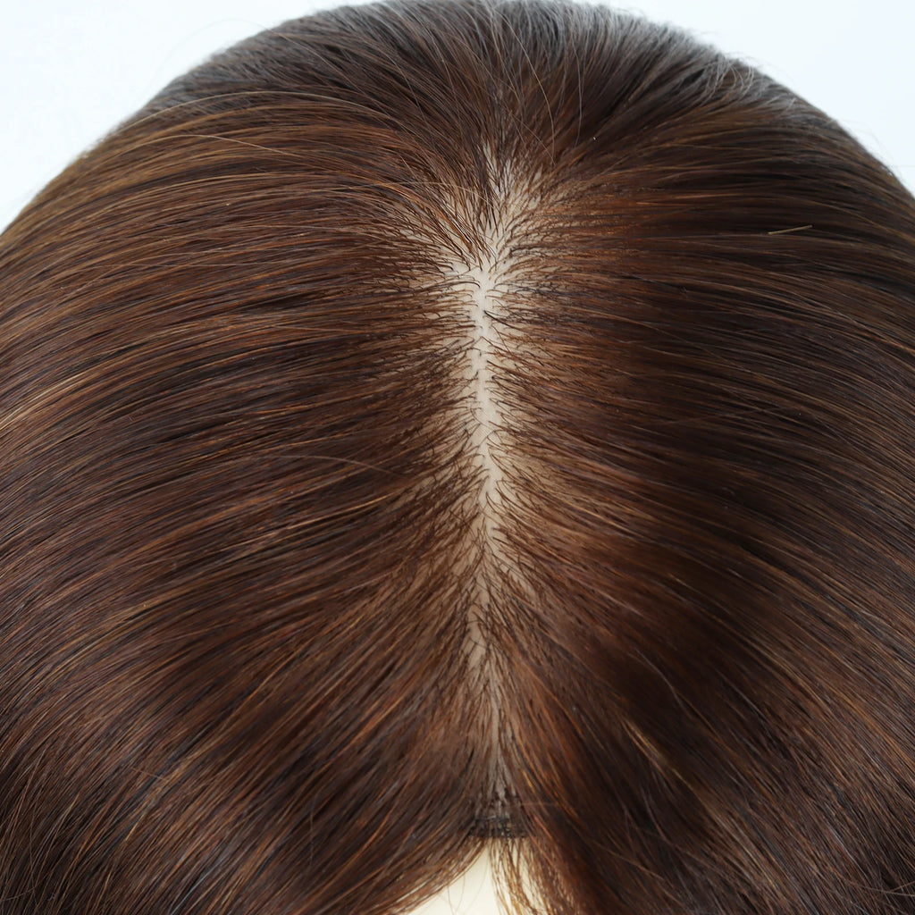 Natural Wave Human Hair Wig Medium Brown Real Virgin European Human Hair Wig for Women 6x6" Silk Base with PU Front
