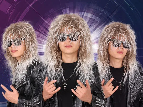 80s Rocker Synthetic Wigs for Men Mullet Wig Long Curly Hair Wig Kiss Wig Perfect for Halloween Cosplay DIY Themed Costume Party