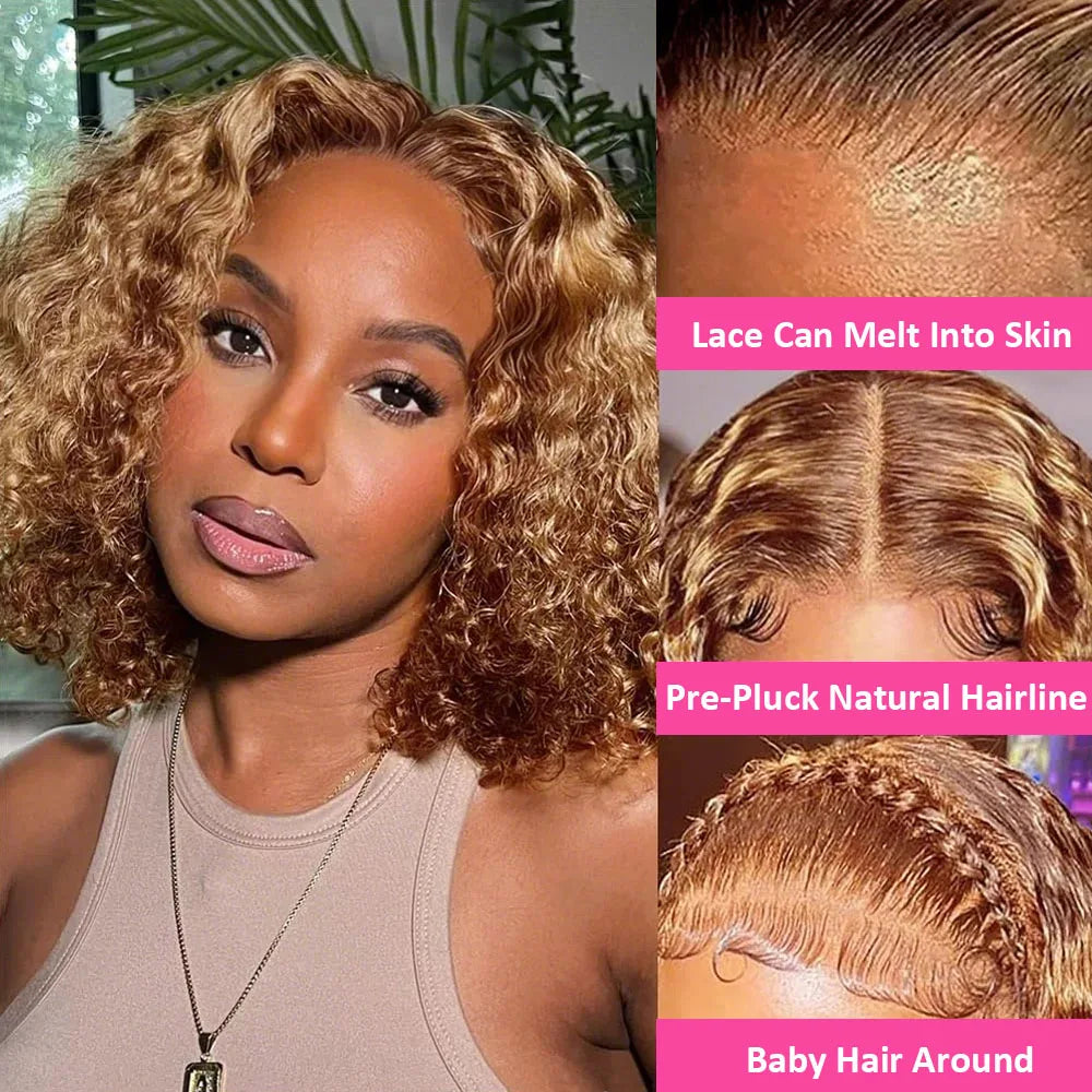 4/27 Highlight Curly Wigs 13x4 HD Transparent Lace Frontal Human Hair Wig Short Brazilian Brown Blonde Color Water Wave Bob Wigs