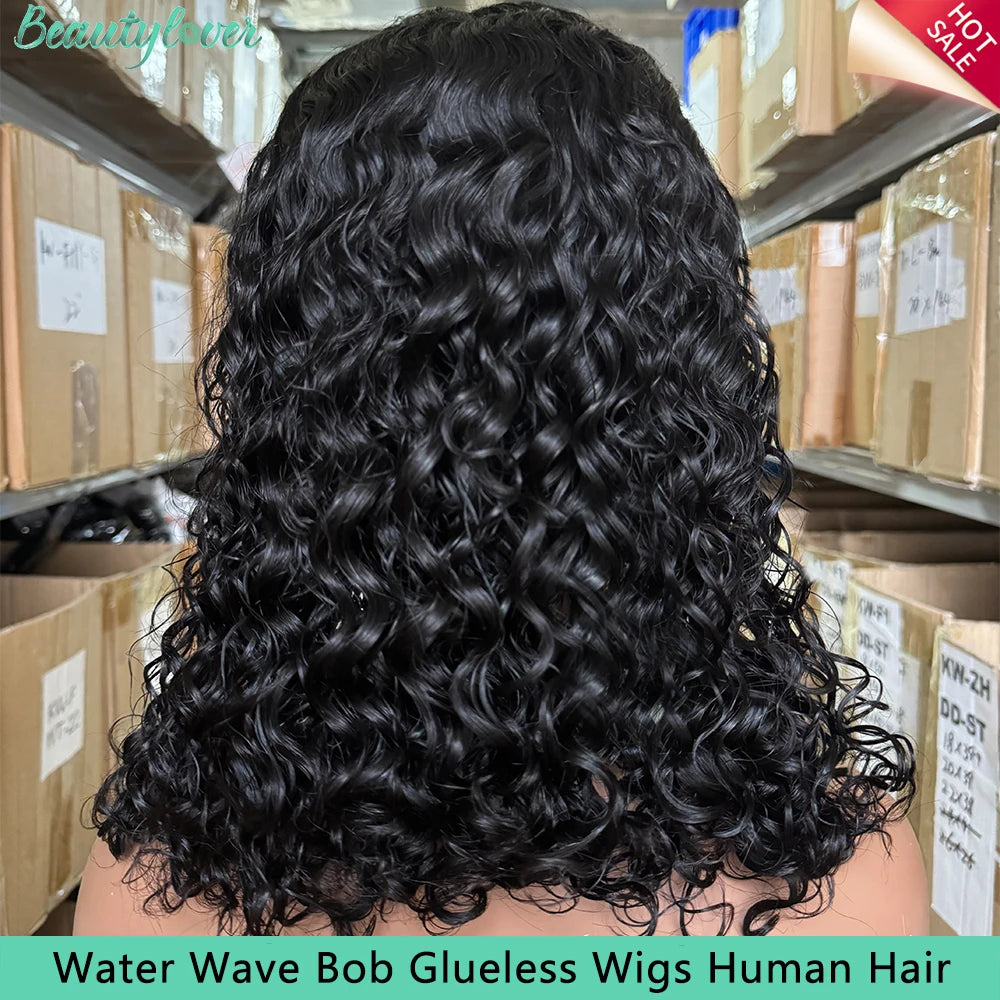 4x4 Glueless Wig Human Hair Ready To Wear 16 Inch Bob Wig Human Hair  Brazilian Glueless Wigs Human Hair Water Wave Glueless Wig