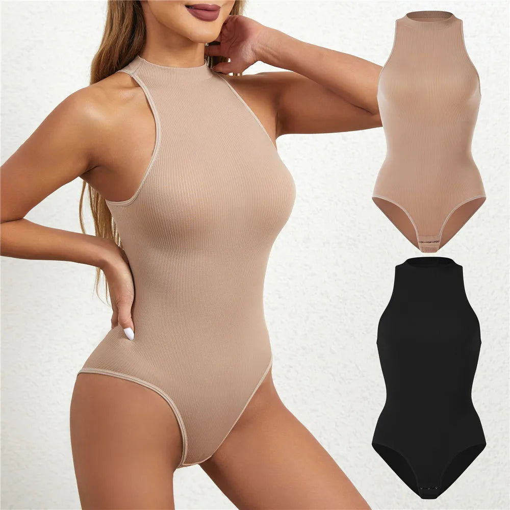 Women Round Neck Shaperwear Bodysuits Sleeveless Adjustable Buckle Tight Fitting Jumpsuit T-shaped Shapewear Corset