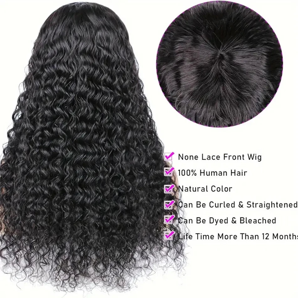 Curly Wig With Bangs Kinky Curly Human Hair Wig With Bangs Full Machine Made Frontal Wig 12A Water Wave Virgin Human Hair Wigs
