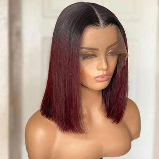 “Burgundy Luxe Bob™”– 1B/99J Glueless Straight Indian Human Hair Wig with Black Roots | HD Lace, Pre-Plucked Hair style 5