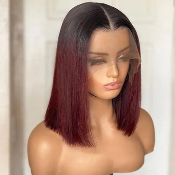 “Burgundy Luxe Bob™”– 1B/99J Glueless Straight Indian Human Hair Wig with Black Roots | HD Lace, Pre-Plucked Hair style 5