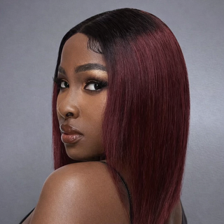 “Burgundy Luxe Bob™”– 1B/99J Glueless Straight Indian Human Hair Wig with Black Roots | HD Lace, Pre-Plucked Hair style 1